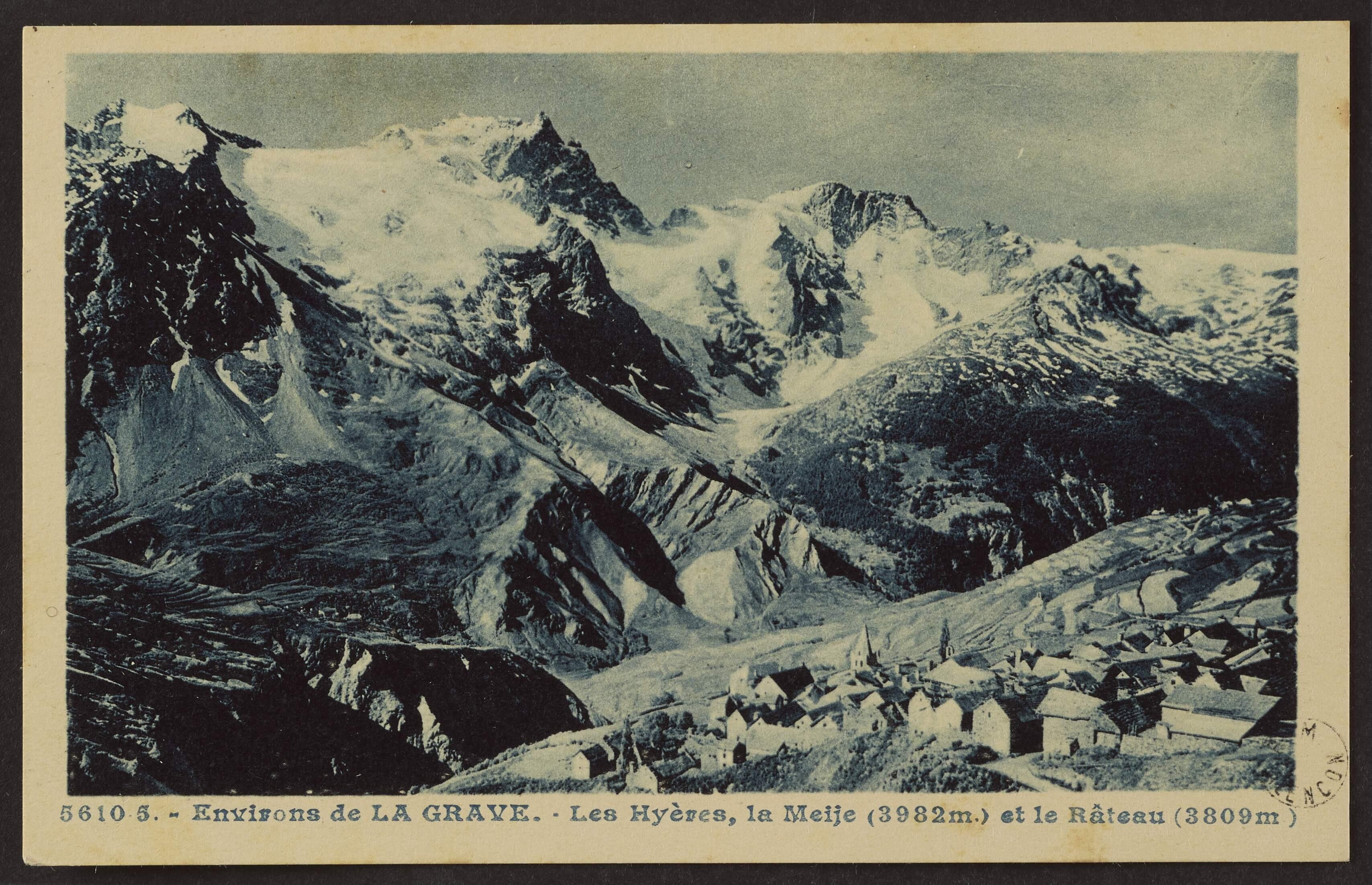 Les environs de La Grave, incluant Les Hyères, la Meije (3982 m) et le R├óteau (3809 m), illustrent la beauté des Alpes.