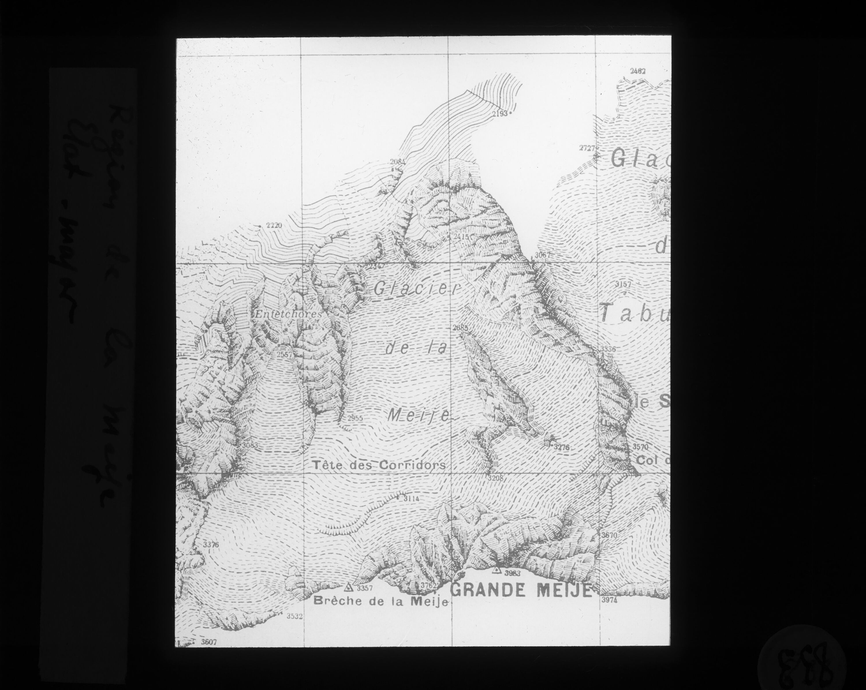 Fragment de carte d'État-Major représentant la région de la Meije, d'auteur et de date inconnus, offrant un aperçu carto