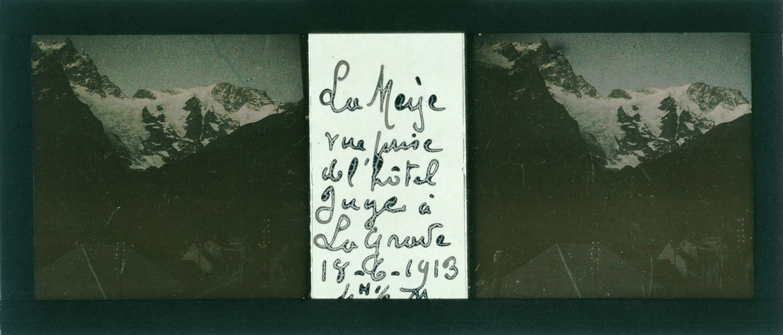 Photographie de La Meije prise depuis l'hôtel Juge à La Grave par Jean-Ferdinand Coste le 18 juin 1913. Elle offre une p