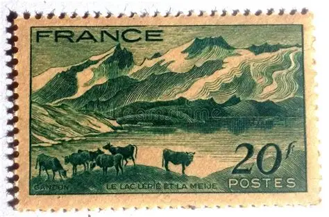 Timbre postal "Le lac Lérié et la Meije" de 1943.