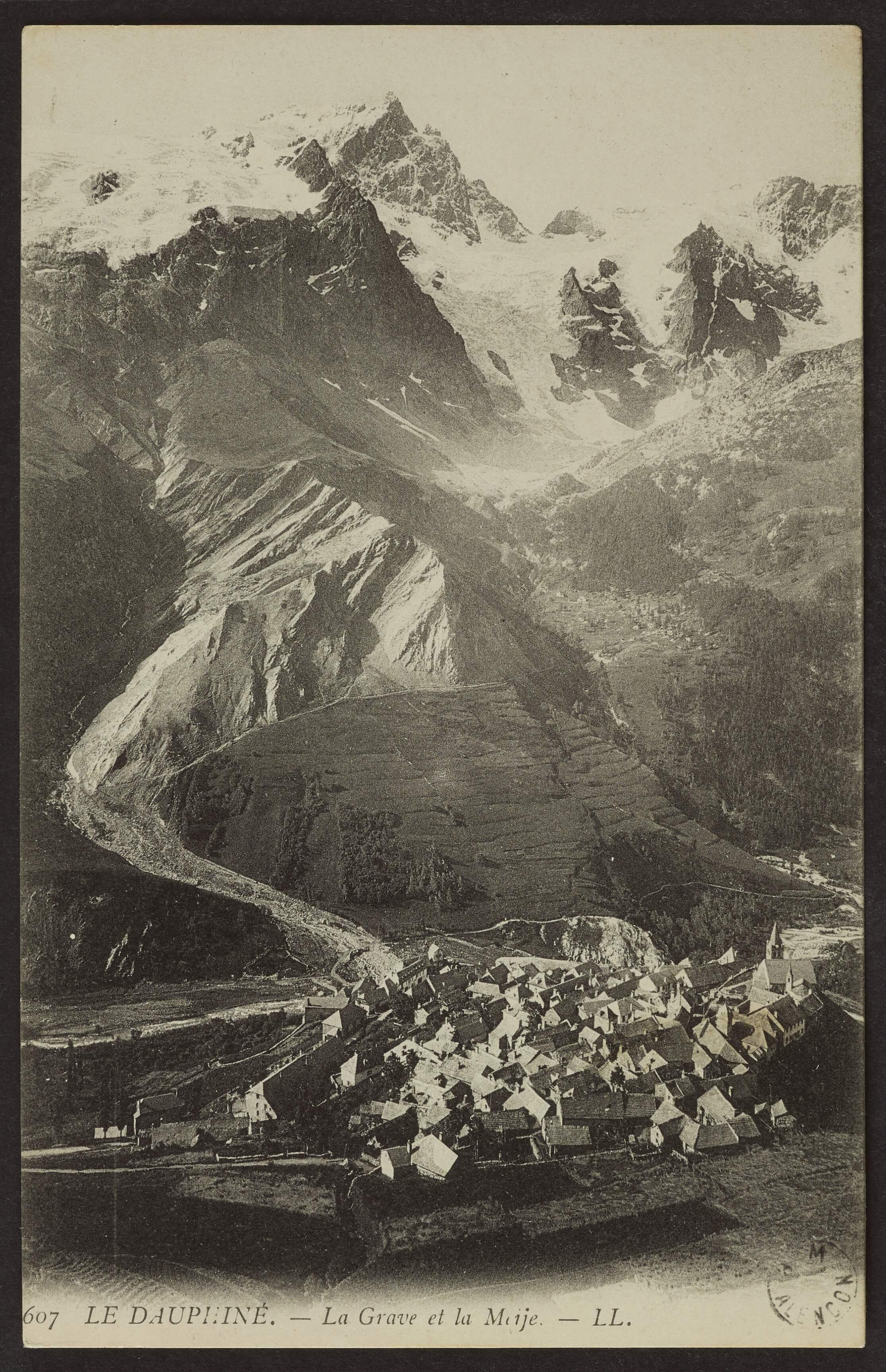 Une représentation de La Grave et la Meije dans la région du Dauphiné, mettant en valeur le paysage alpin.