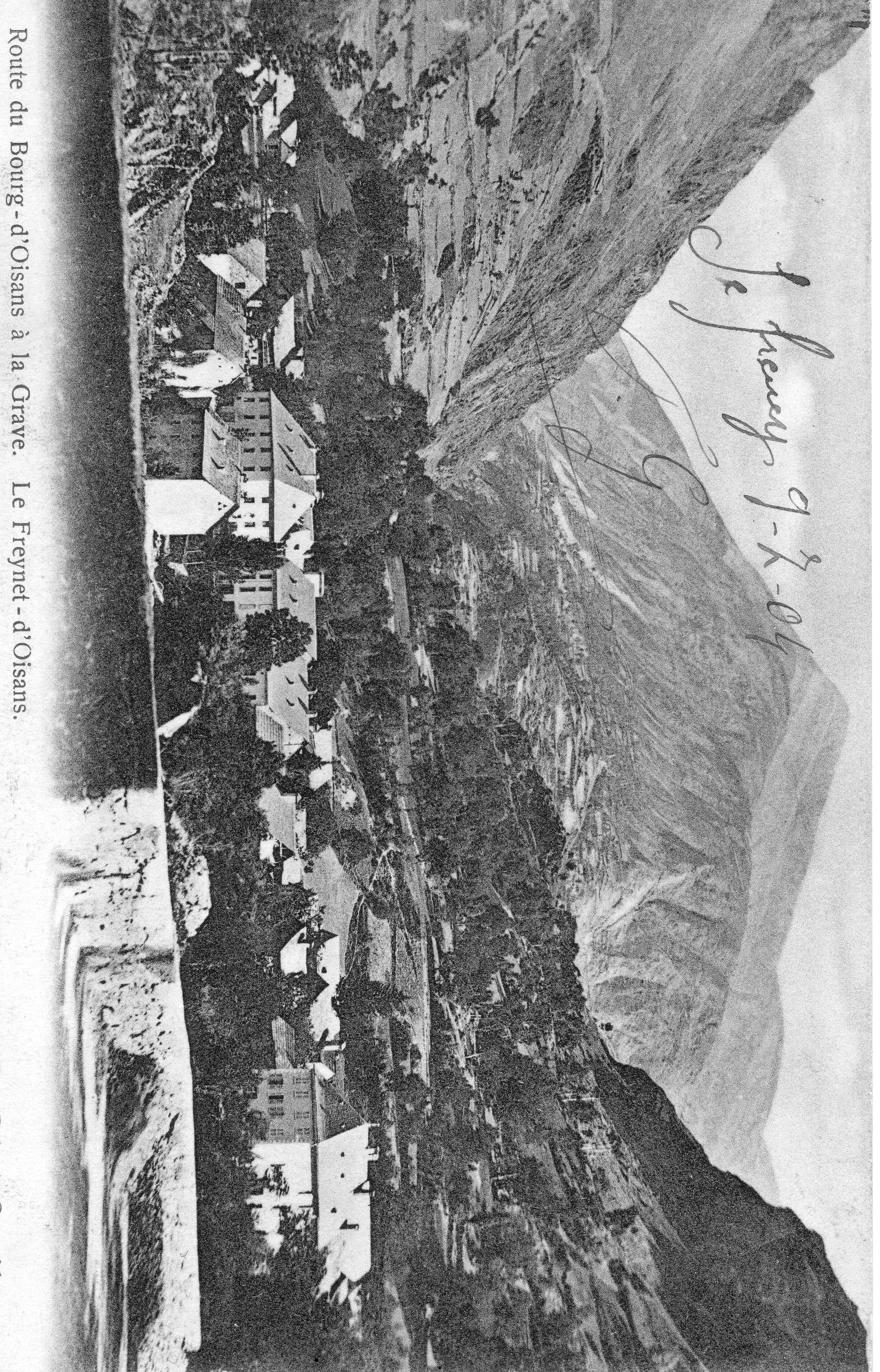 Photo de 1904 du Freney-d'Oisans (orthographié 'Freynet'), avec Mizoen visible au fond et peu d'arbres.