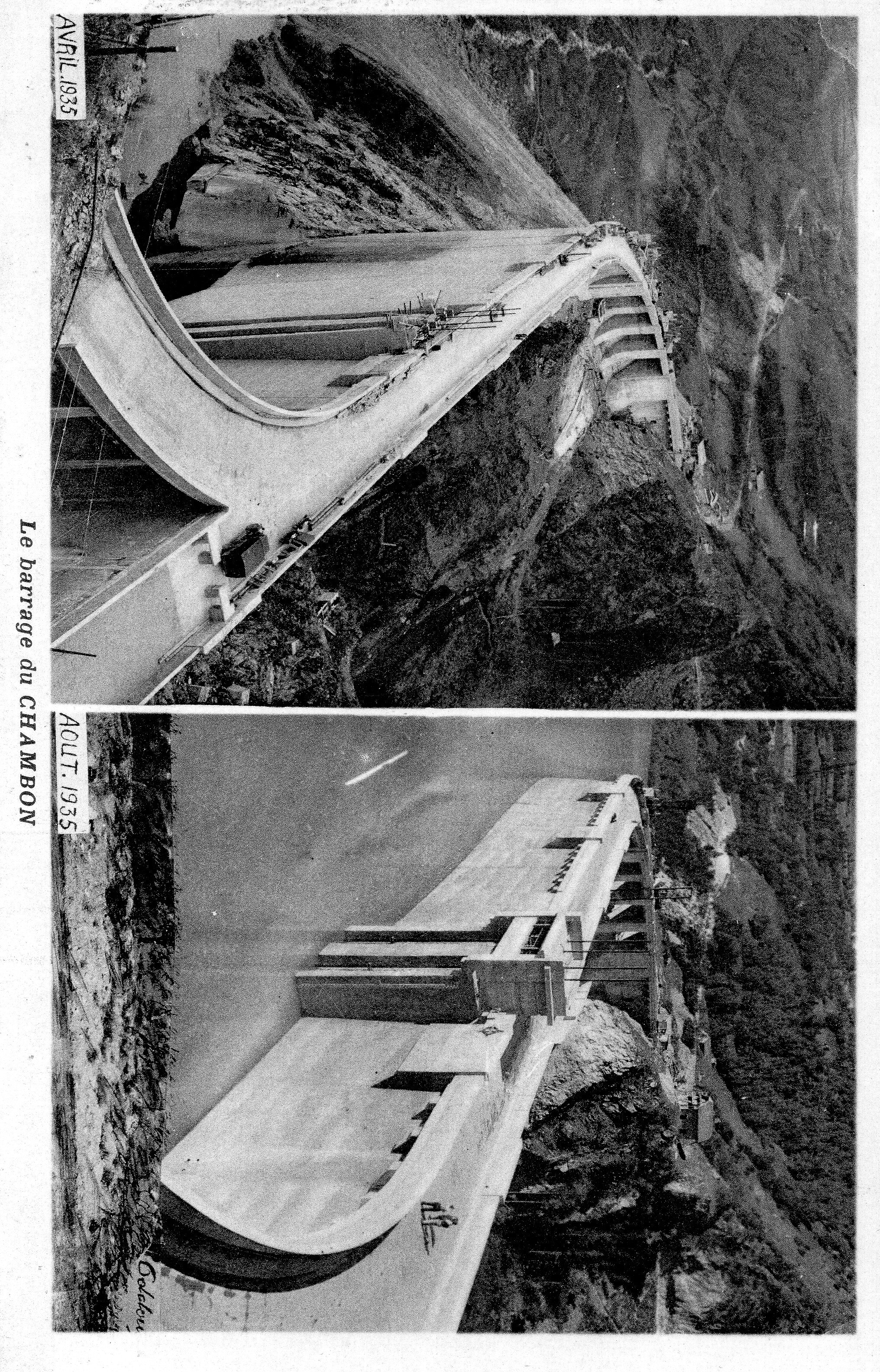 Cette image, datée du 1er août 1935, montre un barrage récemment mis en eau, avec des piétons le traversant, illustrant 