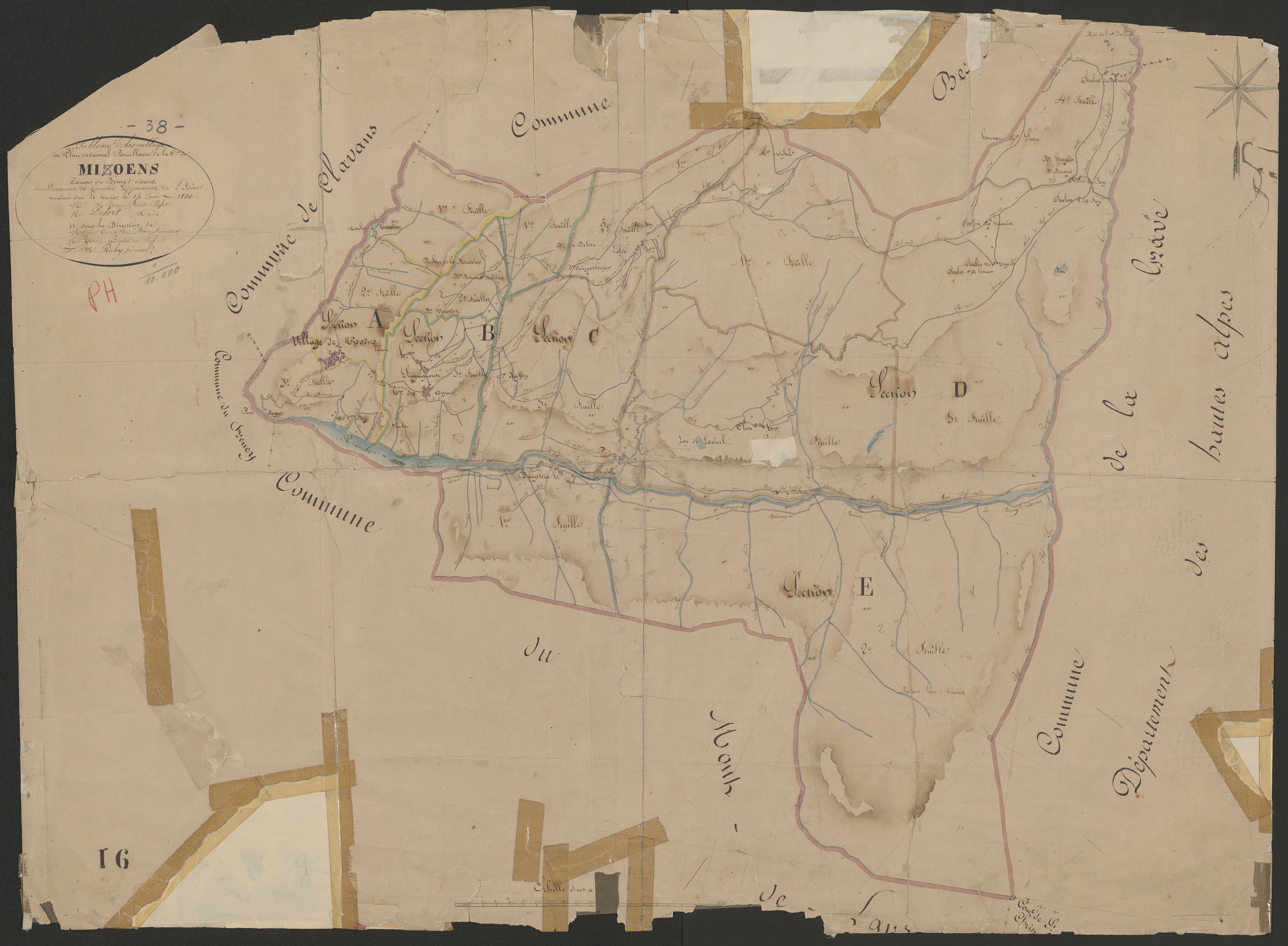 Plan cadastral de la commune de Mizoën, daté de 1830, utilisé jusqu'en 1966. Il est très détaillé et nous permet d'apepe